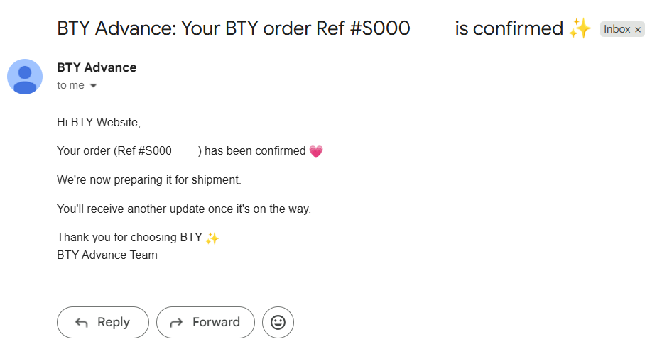 BTY Advance Order Confirmation