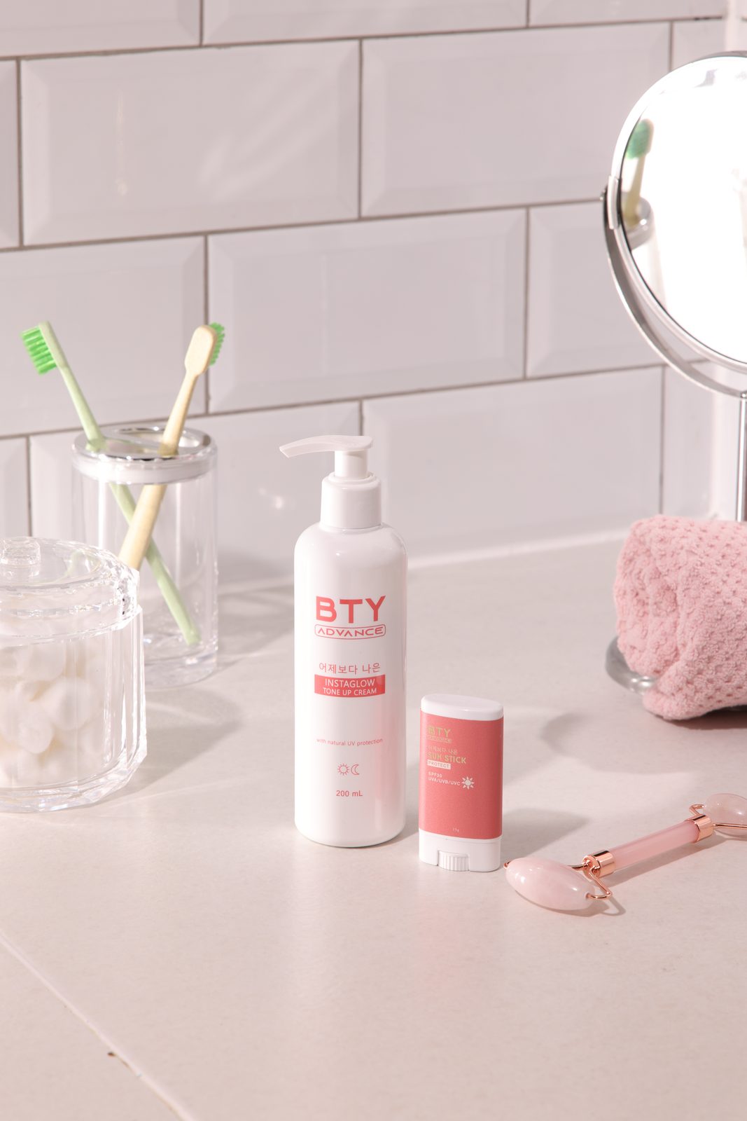 BTY Advance Instaglow Tone-Up Cream on a bathroom shelf