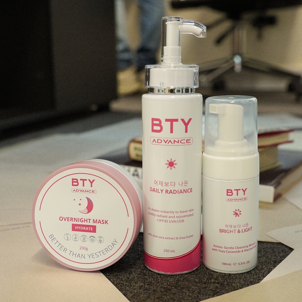 BTY Advance Overnight Mask, Daily Radiance, and Bright & Light on an office desk