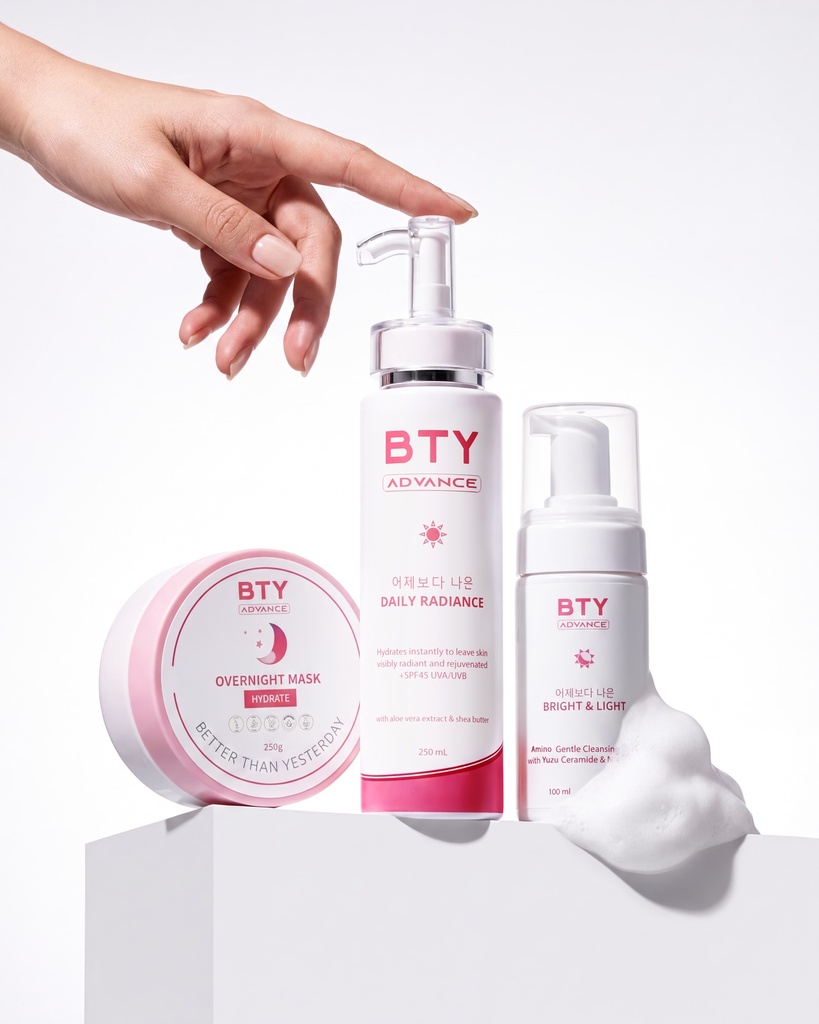 BTY Advance Overnight Mask, Daily Radiance, and Bright & Light on an office desk