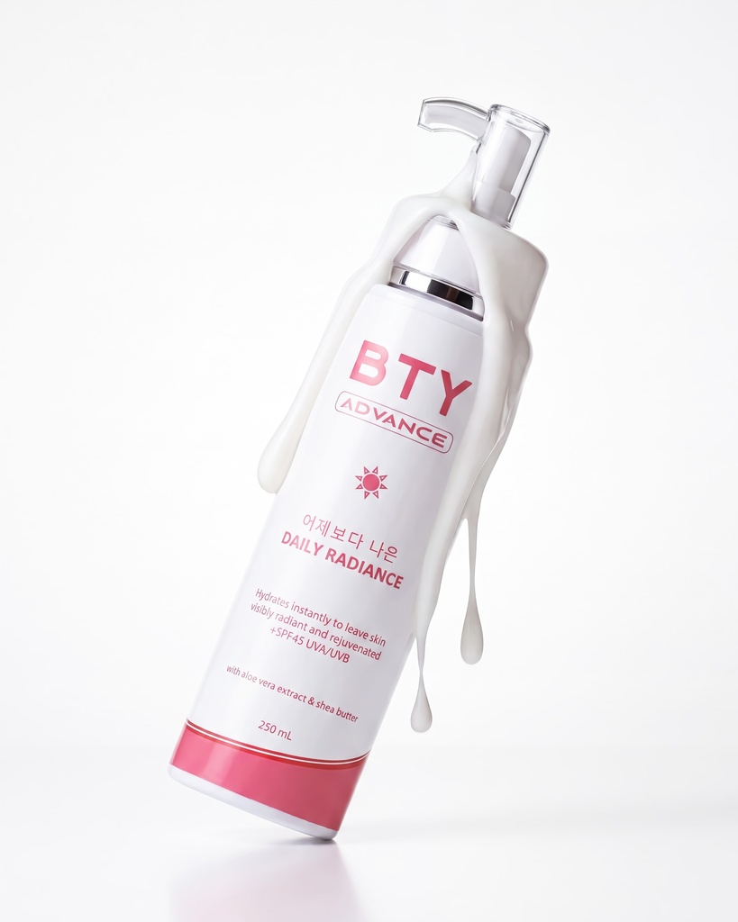 BTY Advance Daily Radiance on a dark table with a city view