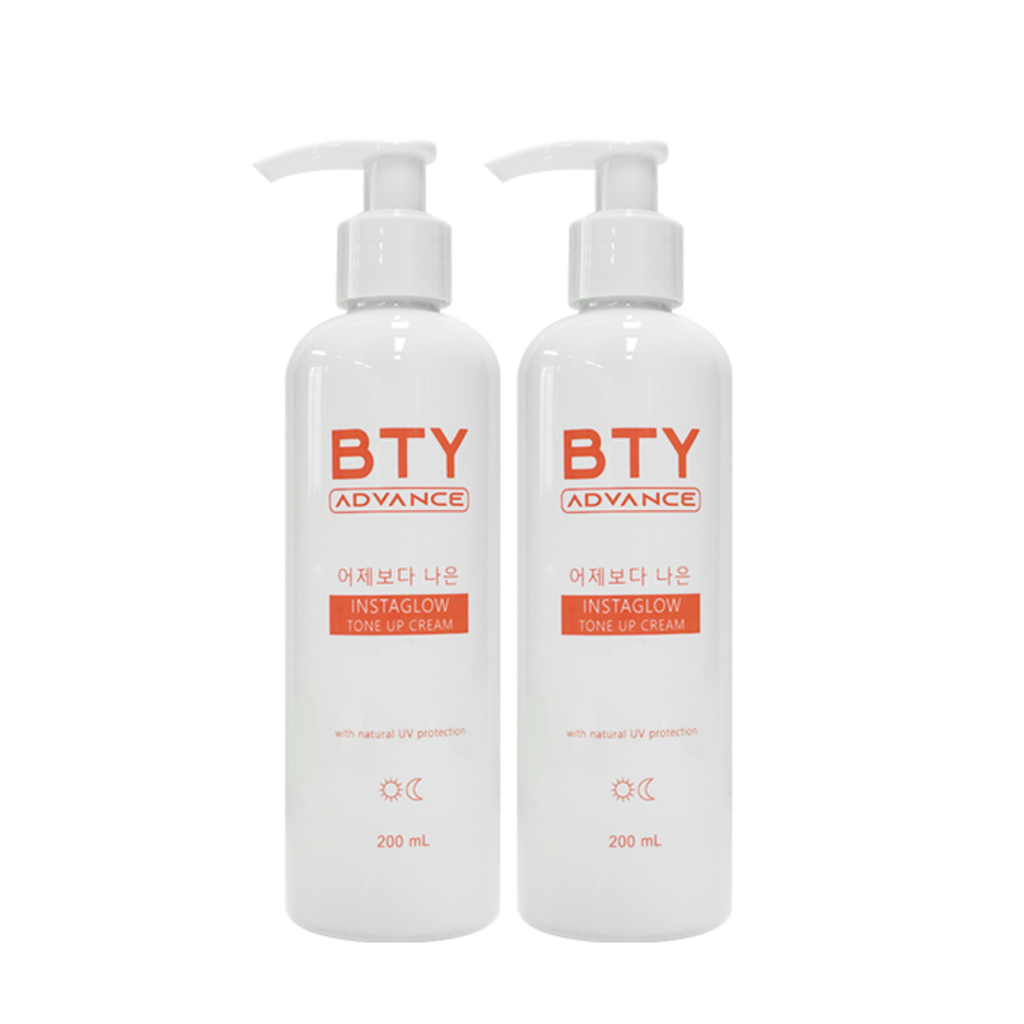 Two BTY Advance Instaglow Tone Up Cream bottles on a white background